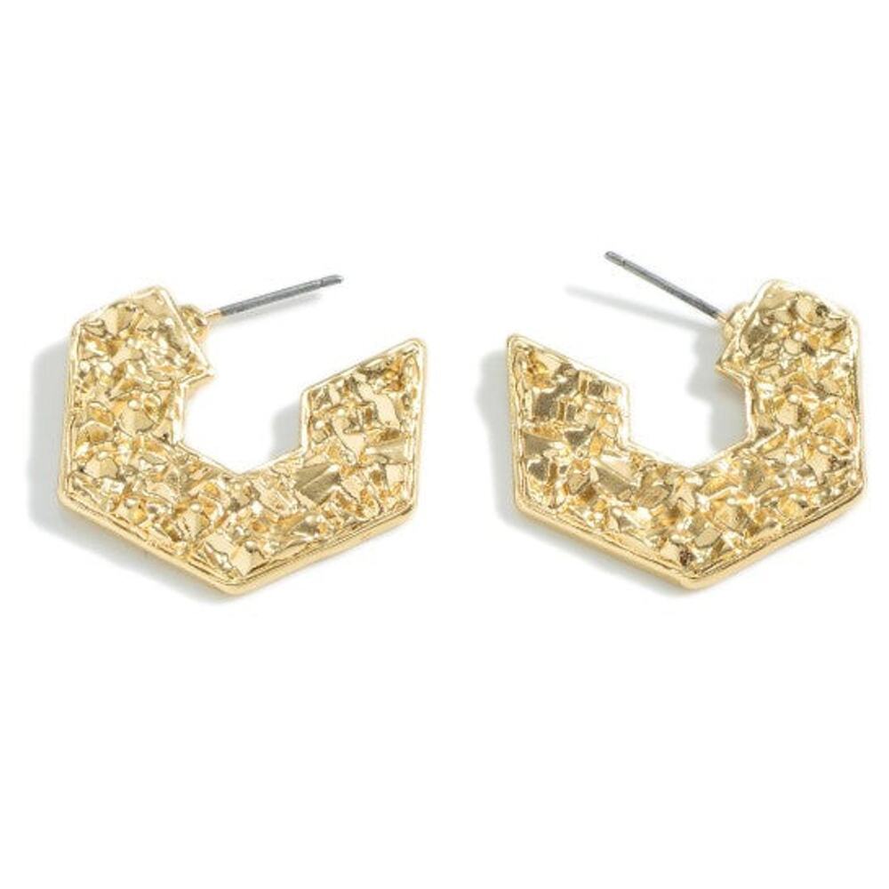 Gold Tone Textured Geometric Hoop Earrings | Modern Everyday Hoops | 1"